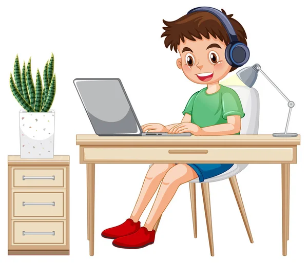 Boy Browsing Internet Laptop Illustration — 스톡 벡터