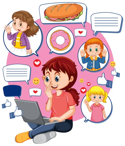 Girl Using Laptop Online Learning Illustration — Archivo Imágenes Vectoriales