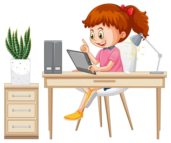 Girl Browsing Social Media Tablet Illustration — стоковый вектор