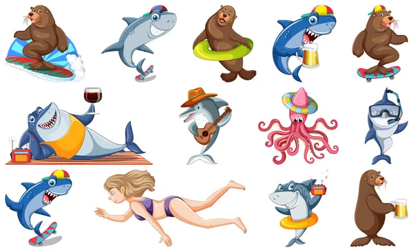 Set Various Sea Animals Cartoon Characters Illustration — 图库矢量图片