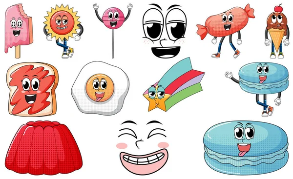 Set Objects Foods Cartoon Characters Illustration —  Vetores de Stock