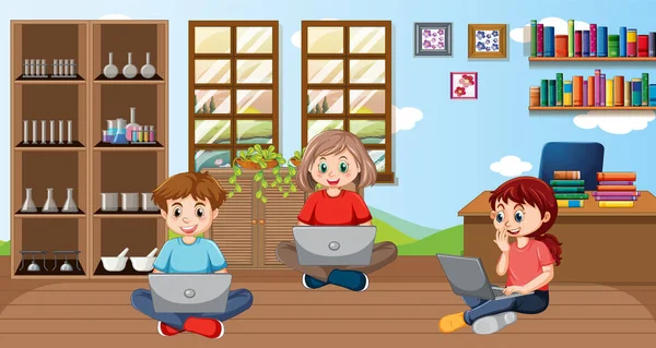 Home Scene Children Using Laptops Illustration — Vector de stock