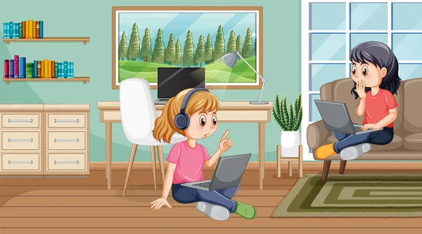 Home Scene Two Girls Using Laptops Illustration — Vector de stock