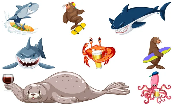 Set Various Sea Animals Cartoon Characters Illustration — ストックベクタ