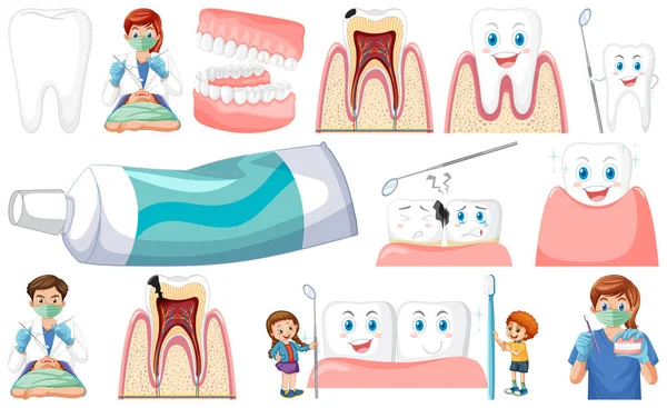 Set Dental Equipments Cartoon Characters Illustration — Wektor stockowy