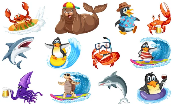 Set Various Sea Animals Cartoon Characters Illustration — Stockvektor