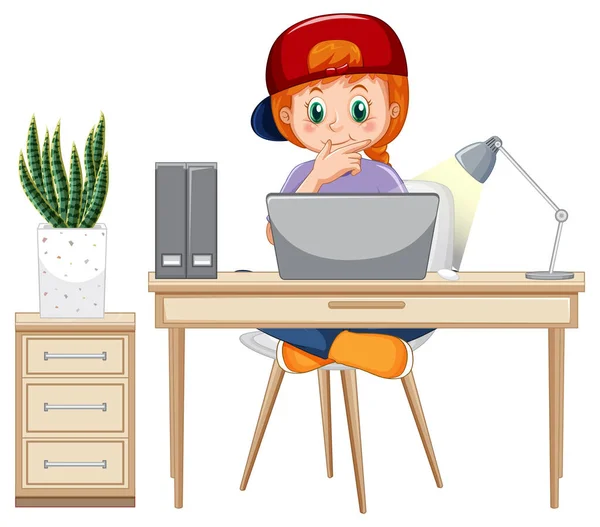 Girl Browsing Internet Laptop Illustration — Vettoriale Stock