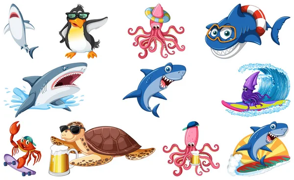 Set Various Sea Animals Cartoon Characters Illustration - Stok Vektor