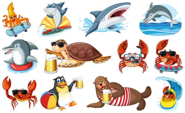 Set Various Sea Animals Cartoon Characters Illustration — Vector de stock