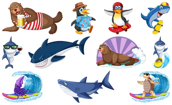 Set Various Sea Animals Cartoon Characters Illustration — ストックベクタ