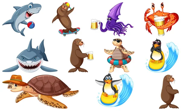 Set Various Sea Animals Cartoon Characters Illustration Ilustrações De Bancos De Imagens Sem Royalties