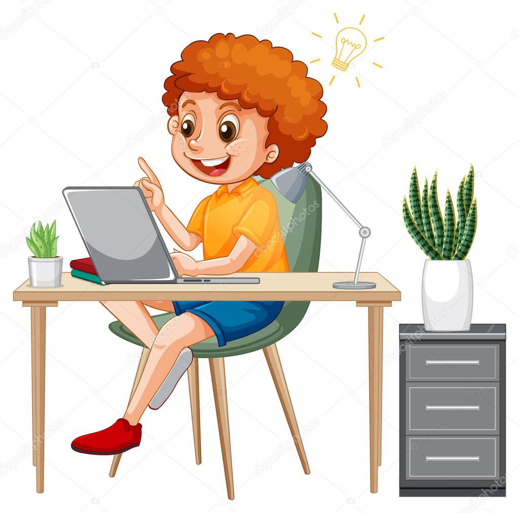 A boy browsing internet on laptop illustration