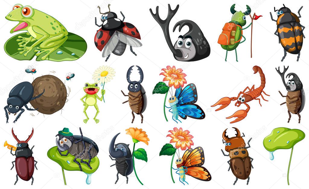 Set of various insects and amphibians cartoon illustration