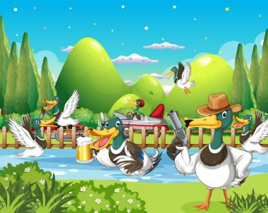 Outdoor scene with cartoon ducks illustration
