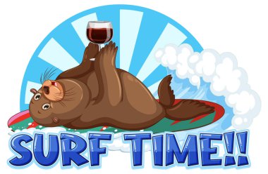 Sea lion carton character with surf time word illustration