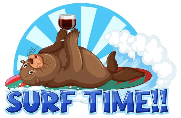 Sea Lion Carton Character Surf Time Word Illustration — Archivo Imágenes Vectoriales