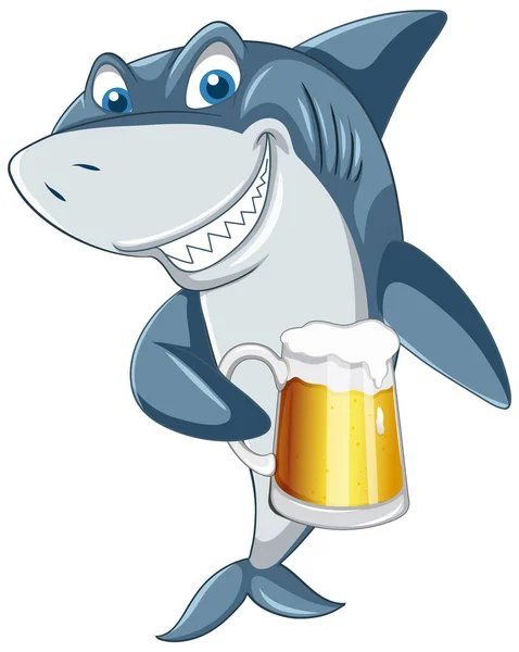 Shark Holding Beer Glass Cartoon Character Illustration — Stok Vektör