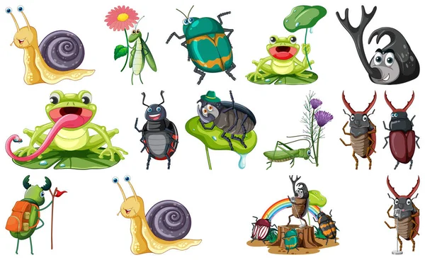 Set Various Insects Amphibians Cartoon Illustration — Stockový vektor