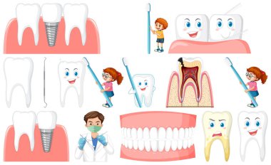 Set of dental equipments and cartoon characters illustration