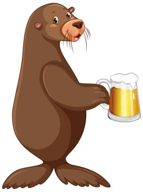 Cute sea lion holding a beer illustration