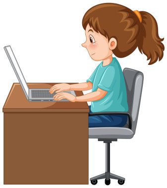 A girl using laptop cartoon illustration