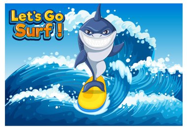 Cute shark surfing cartoon ocean scene illustration