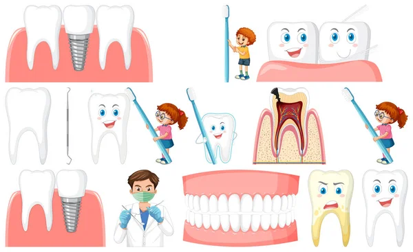 Set Dental Equipments Cartoon Characters Illustration —  Vetores de Stock