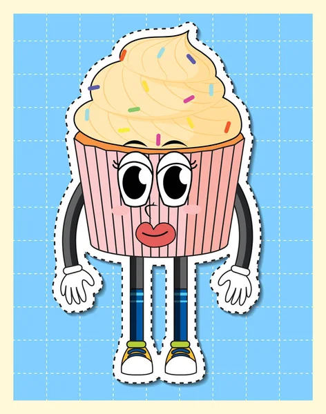 Carino Personaggio Dei Cartoni Animati Cupcake Sulla Griglia Sfondo Illustrazione — Vettoriale Stock
