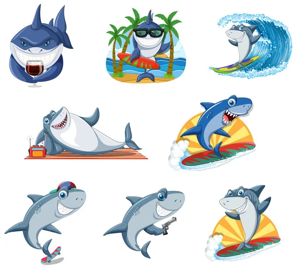 Different Sharks Summer Beach Illustration — 图库矢量图片