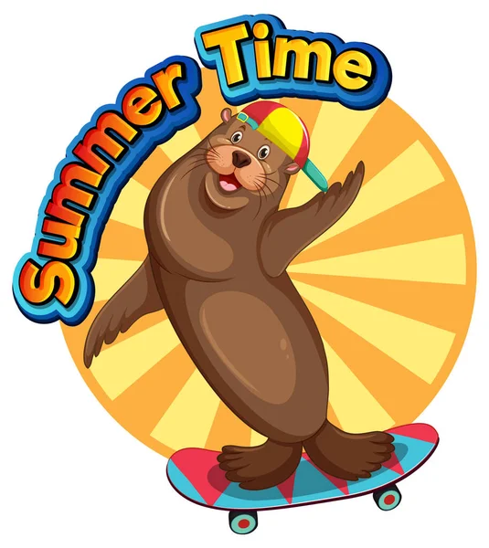 Sea Lion Cartoon Character Summer Time Word Illustration — Stockvector