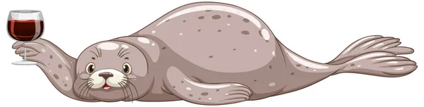 Cute Seal Drinking Red Wine Illustration —  Vetores de Stock