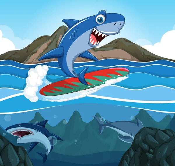 Cute Shark Surfing Cartoon Ocean Scene Illustration —  Vetores de Stock