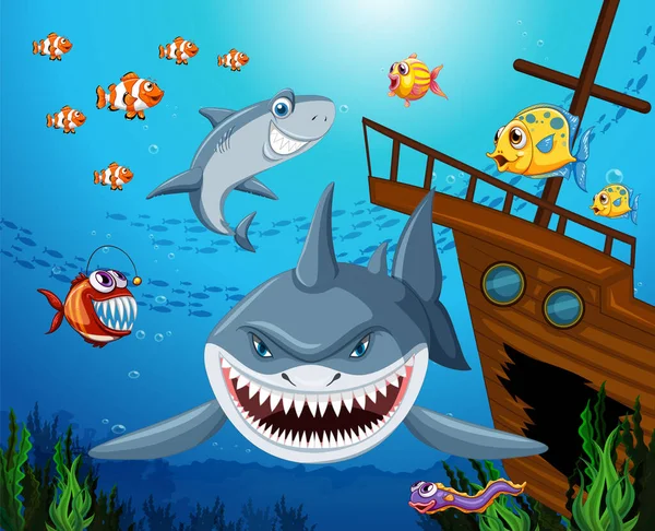 Angry Shark Underwater Ocean Scene Illustration — Stok Vektör