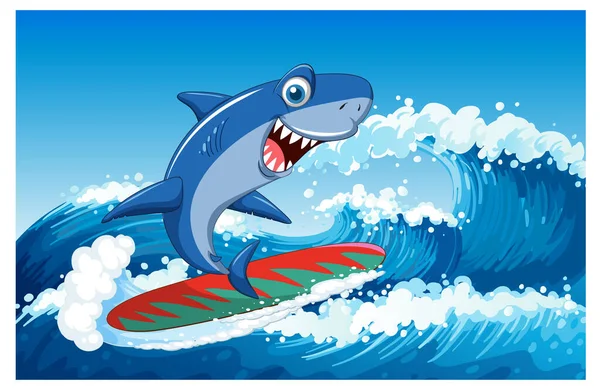 Cute Shark Surfing Cartoon Ocean Scene Illustration — Stockový vektor