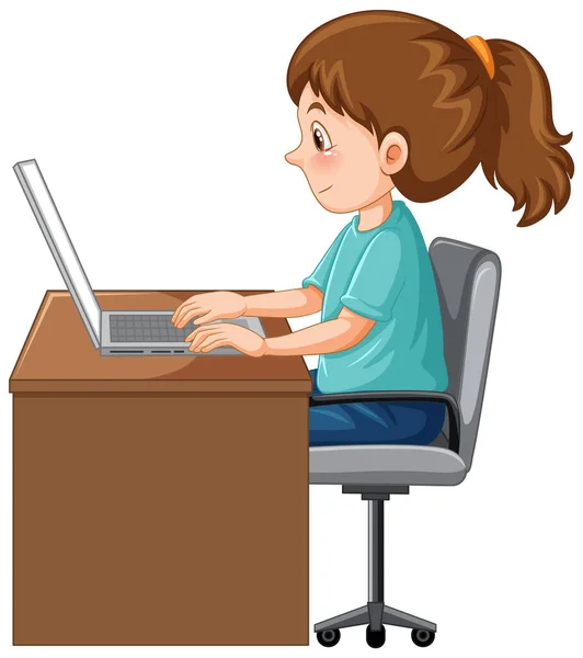 Girl Using Laptop Cartoon Illustration — Stok Vektör