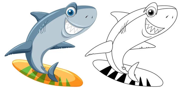 Shark Cartoon Character Its Doodle Outline Surfing Illustration — Wektor stockowy