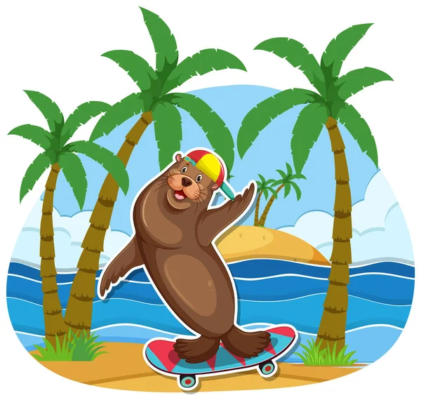 Sea Lion Cartoon Character Beach Illustration — 스톡 벡터