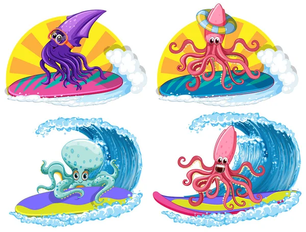 Set Squid Octopus Cartoon Character Set Illustration - Stok Vektor