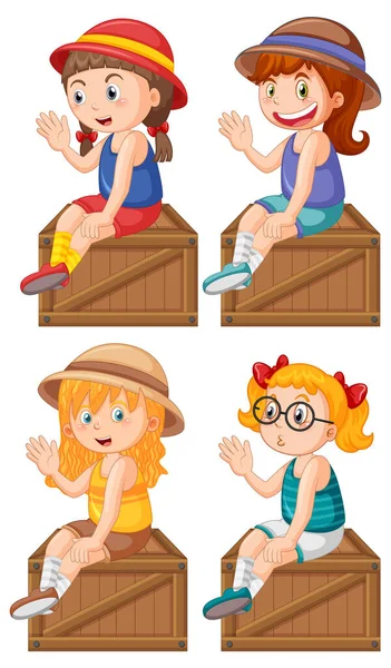 Set Different Cute Girls Sitting Wooden Box Illustration — Stock Vector