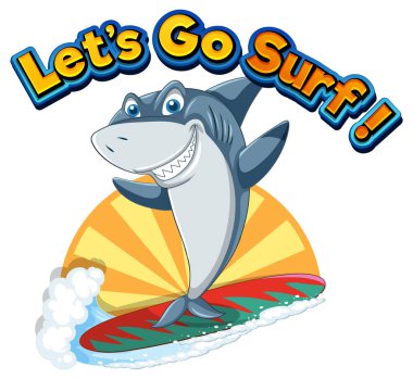 Cute shark cartoon character surfing illustration