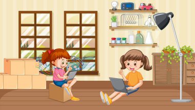 At home scene with children using their laptops illustration