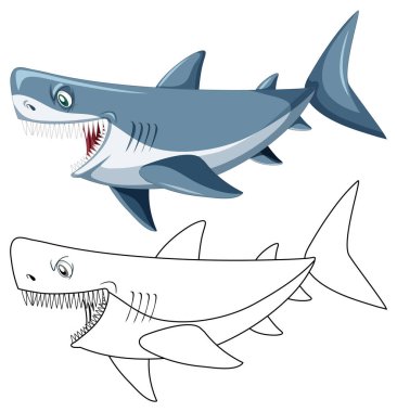 Shark cartoon character with its doodle outline illustration