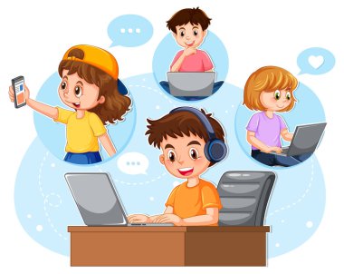 A girl using laptop for online learning illustration