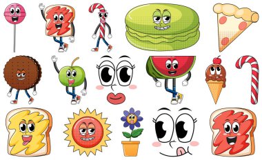 Set of objects and foods cartoon characters illustration