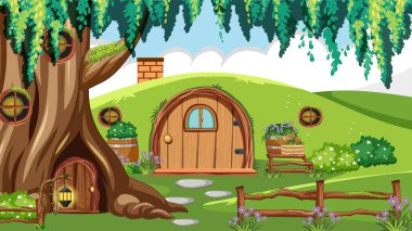 Hobbit house in the forest illustration