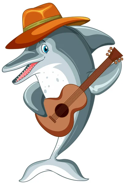 Dolphin Tecknad Karaktär Spelar Gitarr Illustration — Stock vektor