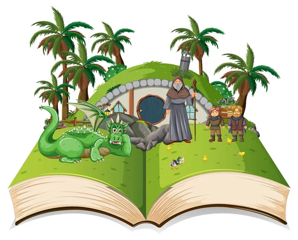 Μεσαιωνική Μαγική Σκηνή Γης Ανοιχτή Εικονογράφηση Βιβλίο — Διανυσματικό Αρχείο