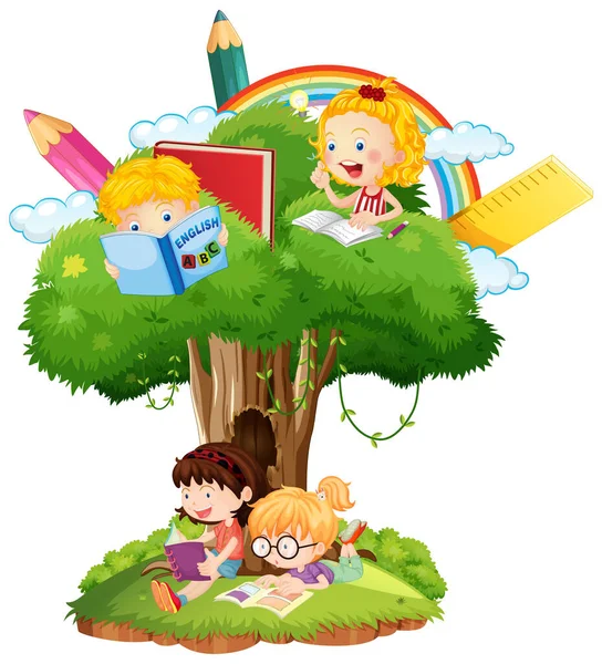 Enfants Avec Arbre Sur Fond Blanc Illustration — Image vectorielle