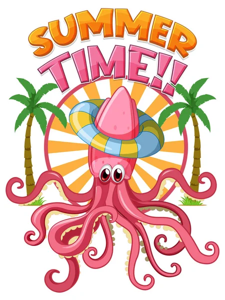 Summer Time Word Squid Cartoon Illustration — 图库矢量图片