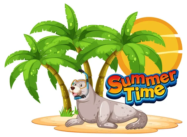 Seal Cartoon Character Summer Time Word Illustration — Stockvector